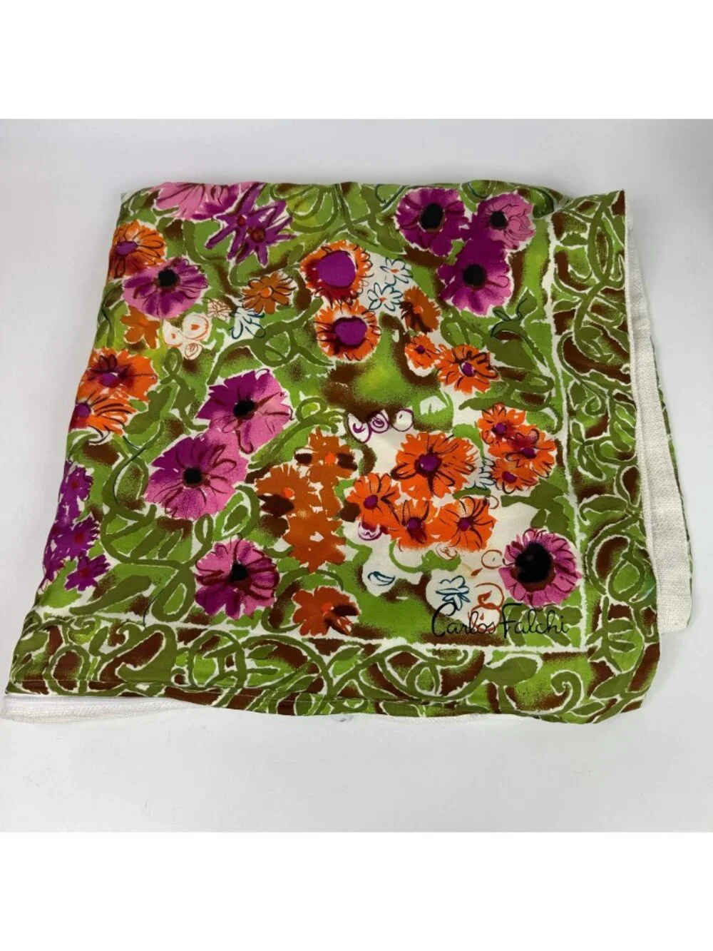 Acapillow Carlos Falchi Silk Floral Green Scarf Square Pillow Case 33 x 33